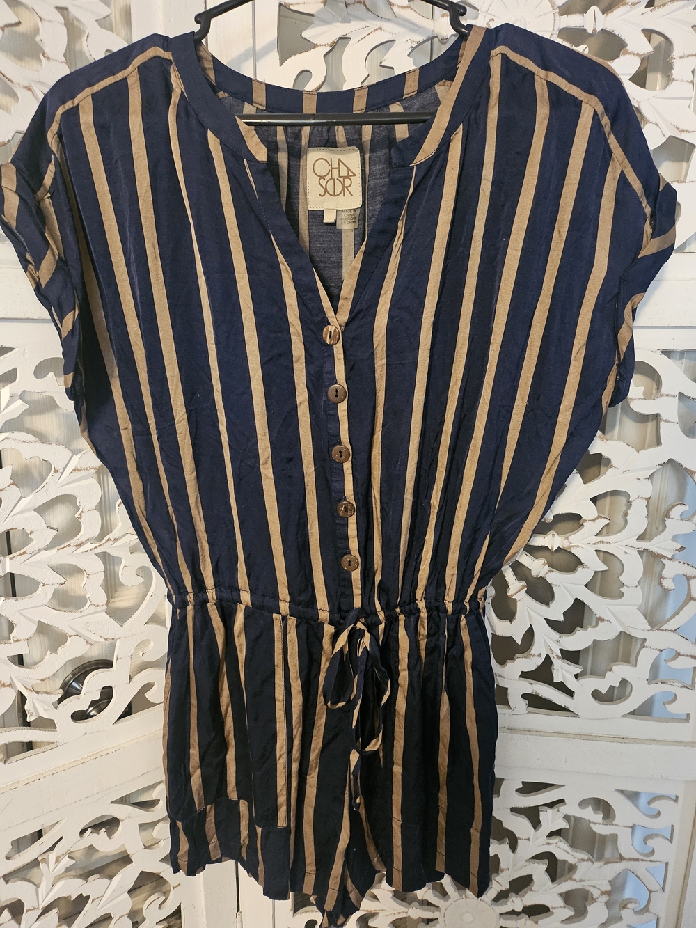 Chaser Navy and Tan Striped Button Romper